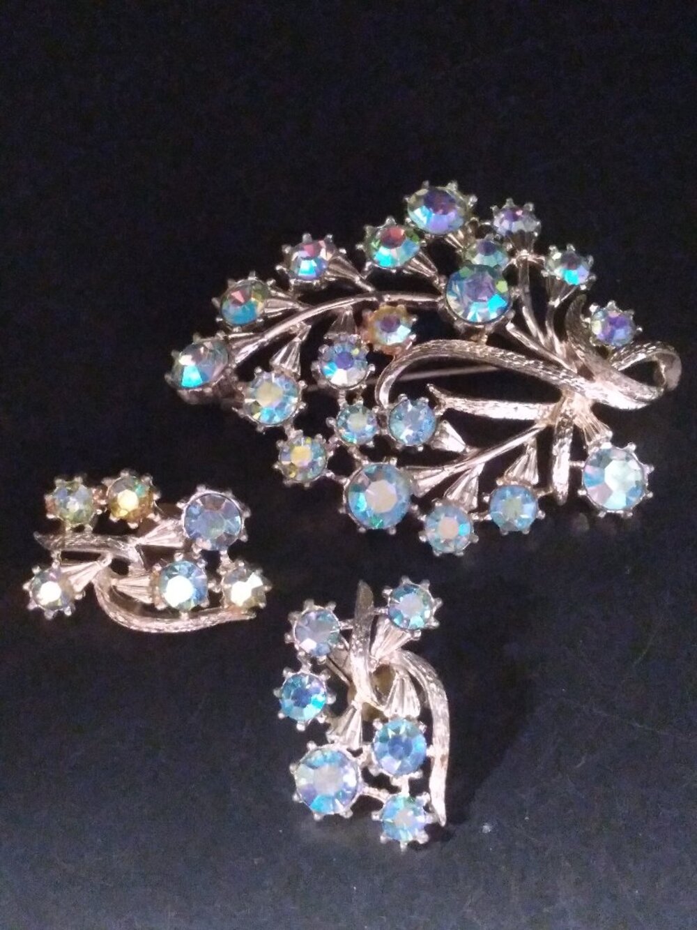 Vintage Signed Coro Blue AB Rhinestones Clip Earrings & Brooch Set